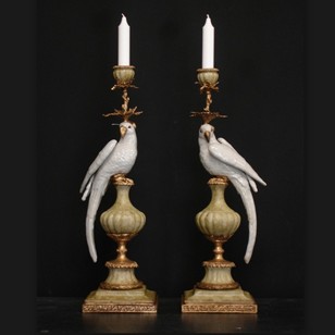 Pair Ceramic Parrot Candle Sticks Or As Lamps.